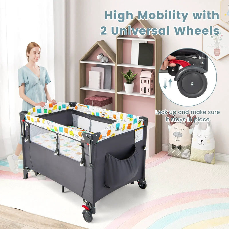 5-in-1 Baby Nursery Center Foldable Toddler Bedside Crib with Music Box by DirectDeals
