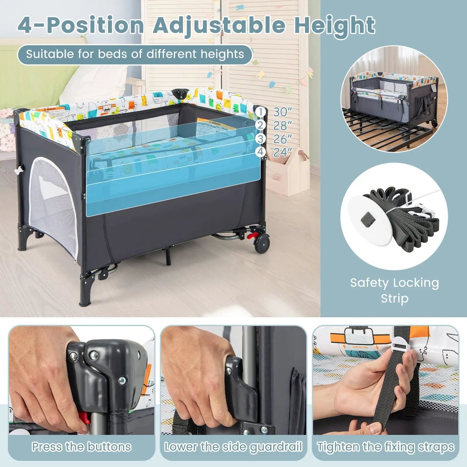 5-in-1 Baby Nursery Center Foldable Toddler Bedside Crib with Music Box by DirectDeals