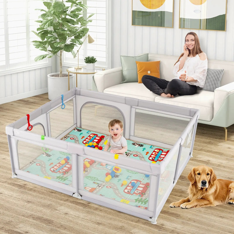 Baby Playpen with Mat and Breathable Mesh-Gray by DirectDeals