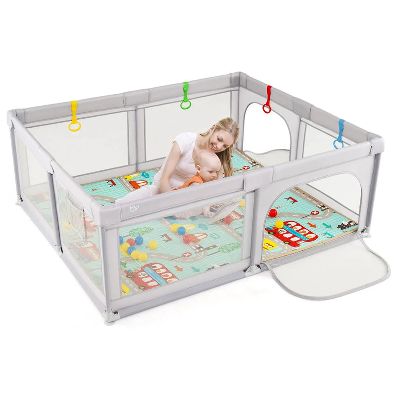 Baby Playpen with Mat and Breathable Mesh-Gray by DirectDeals