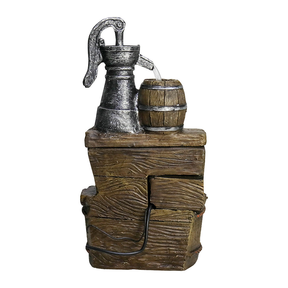 Resin Broken Barrel Rustic Outdoor Fountain 25 Inch LED, back view