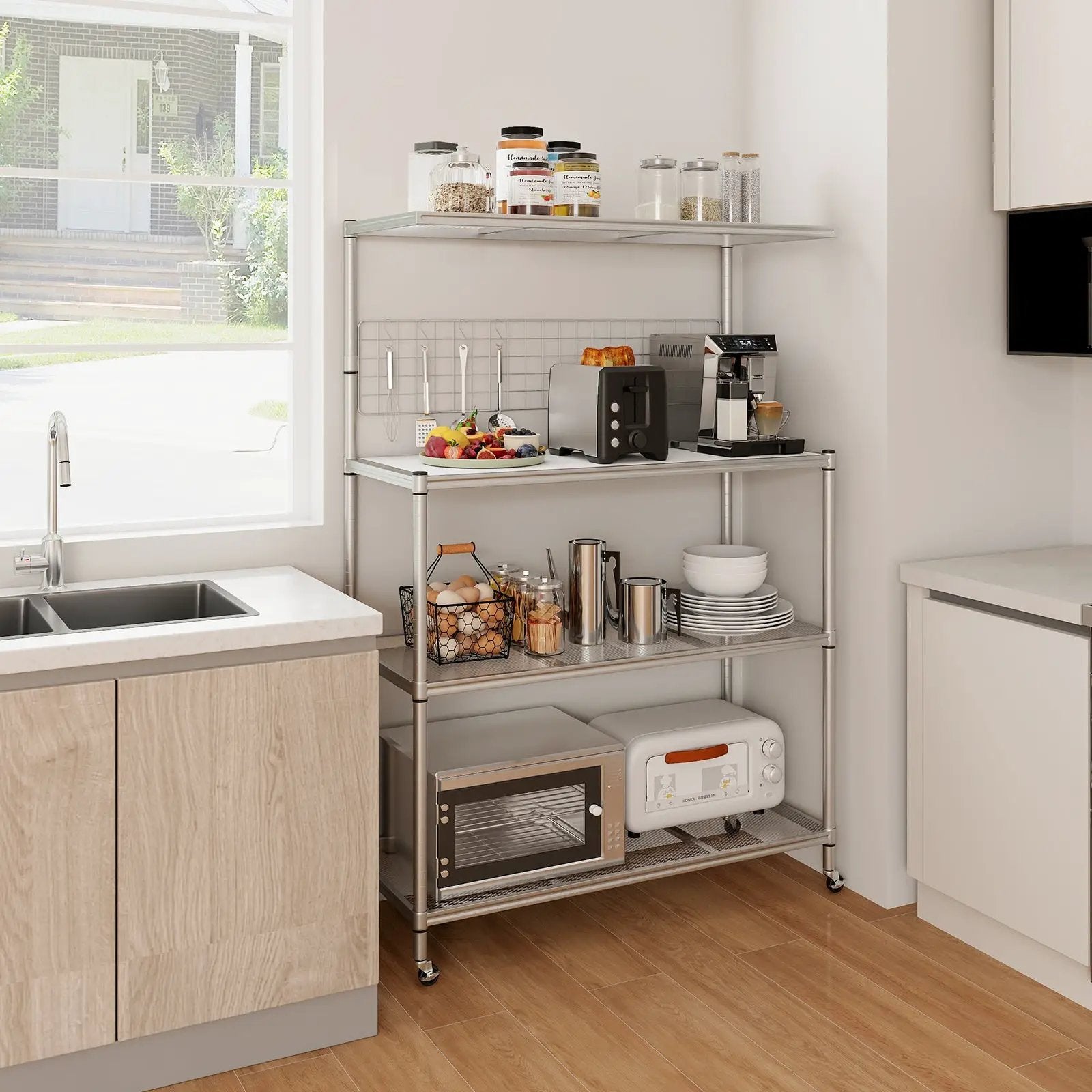 4-Tier Bakers Rack on Wheels with Adjustable Shelves-Silver by DirectDeals