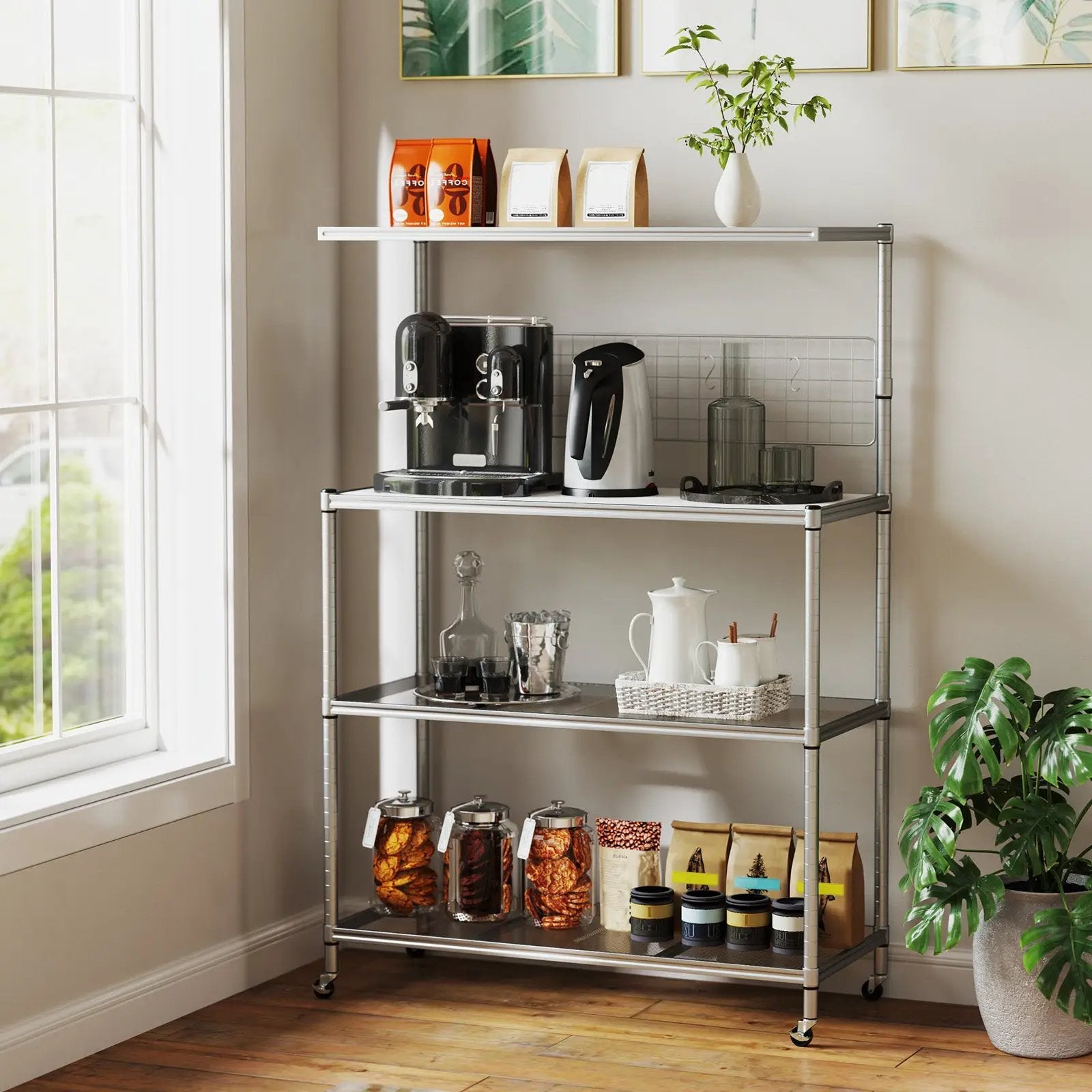 4-Tier Bakers Rack on Wheels with Adjustable Shelves-Silver by DirectDeals