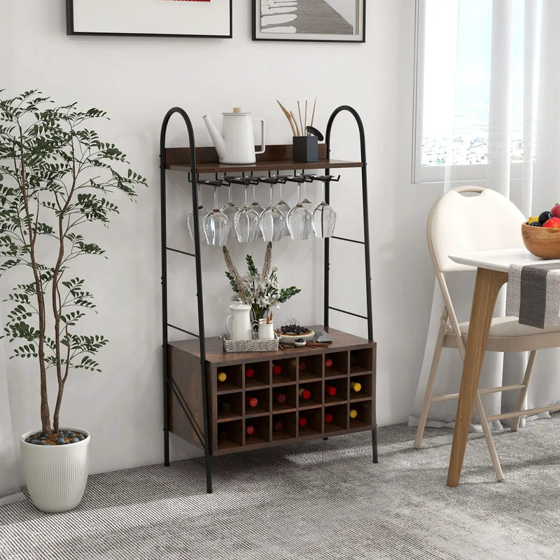 Baker's Rack with Detachable Wine Rack and 5 Rows of Stemware Holder-Rustic Brown by DirectDeals