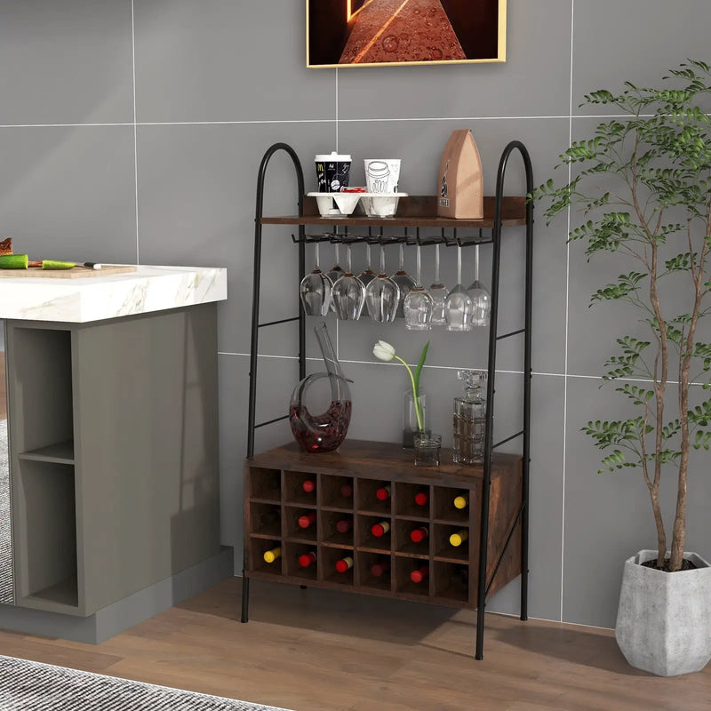 Baker's Rack with Detachable Wine Rack and 5 Rows of Stemware Holder-Rustic Brown by DirectDeals