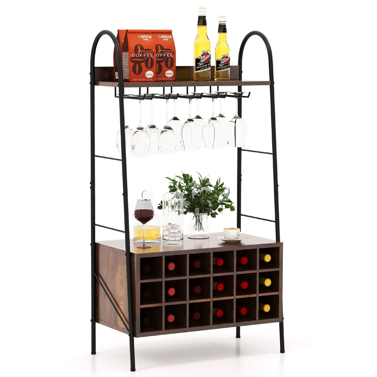 Baker's Rack with Detachable Wine Rack and 5 Rows of Stemware Holder-Rustic Brown by DirectDeals