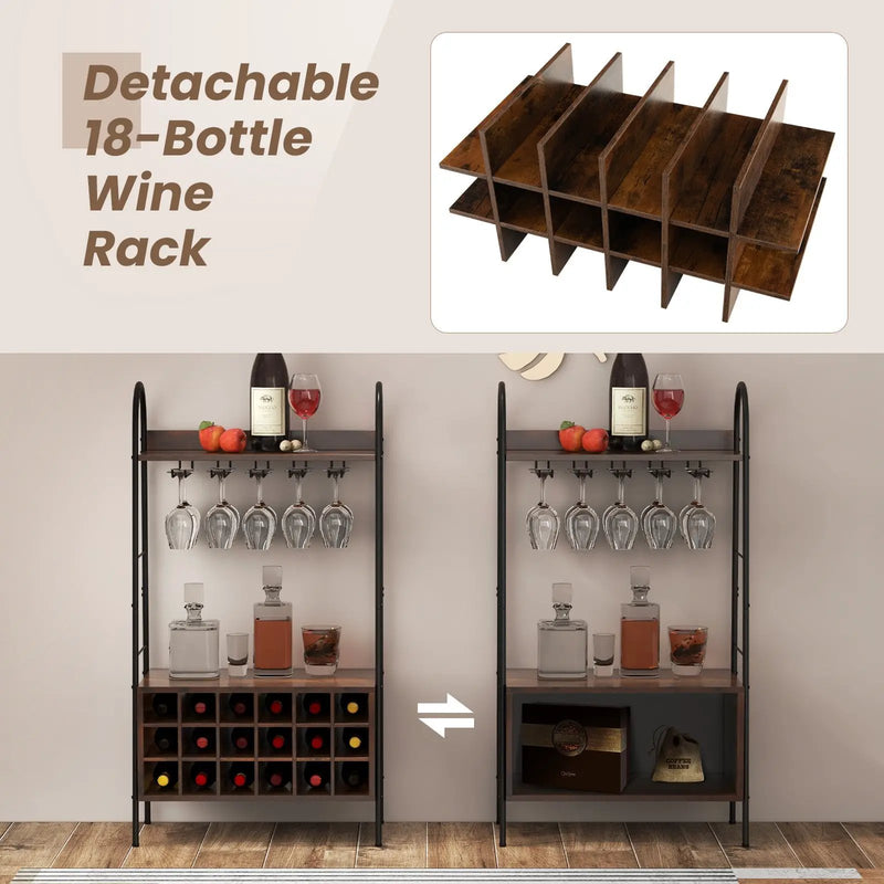 Baker's Rack with Detachable Wine Rack and 5 Rows of Stemware Holder-Rustic Brown by DirectDeals
