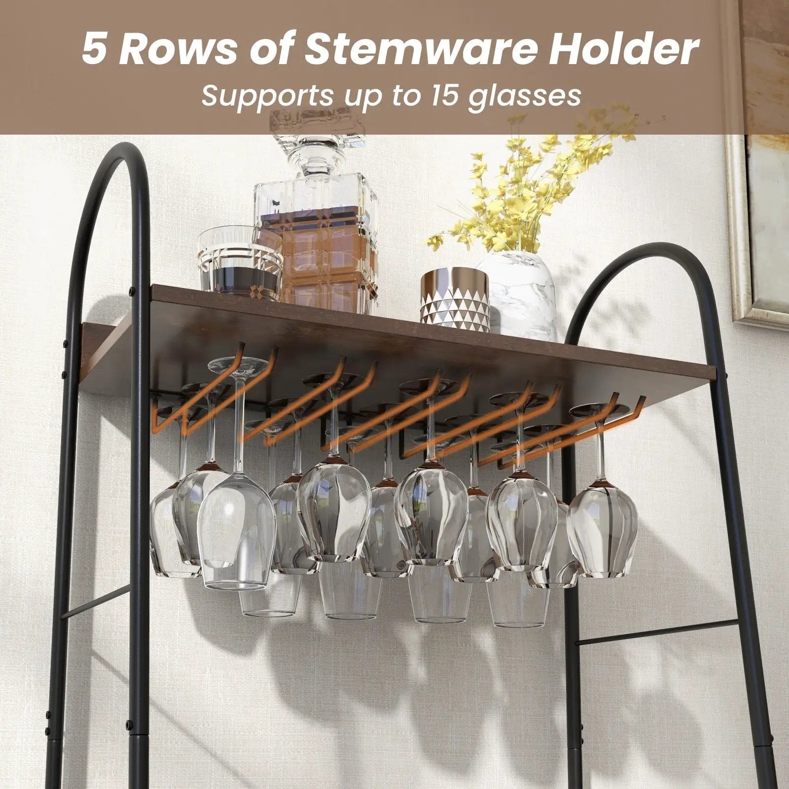 Baker's Rack with Detachable Wine Rack and 5 Rows of Stemware Holder-Rustic Brown by DirectDeals