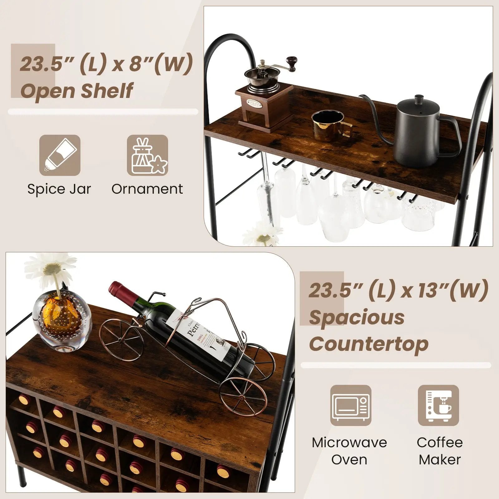 Baker's Rack with Detachable Wine Rack and 5 Rows of Stemware Holder-Rustic Brown by DirectDeals