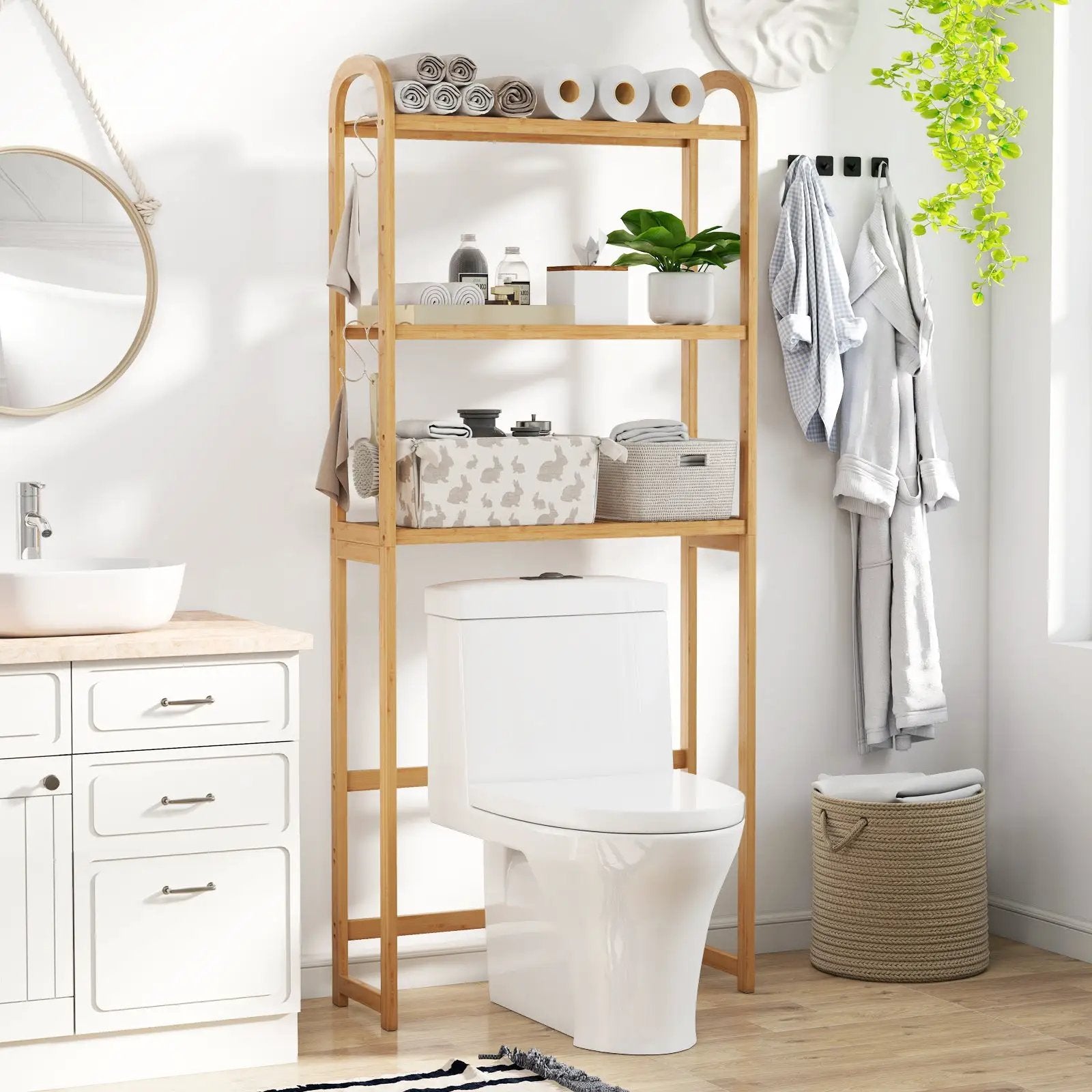 3-Tier Bamboo Bathroom Floor Organizer with 5-Position Shelves and 3 Hooks-Natural by DirectDeals