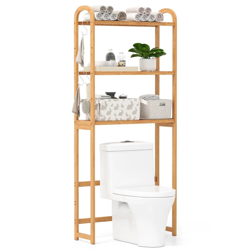 3-Tier Bamboo Bathroom Floor Organizer with 5-Position Shelves and 3 Hooks-Natural by DirectDeals