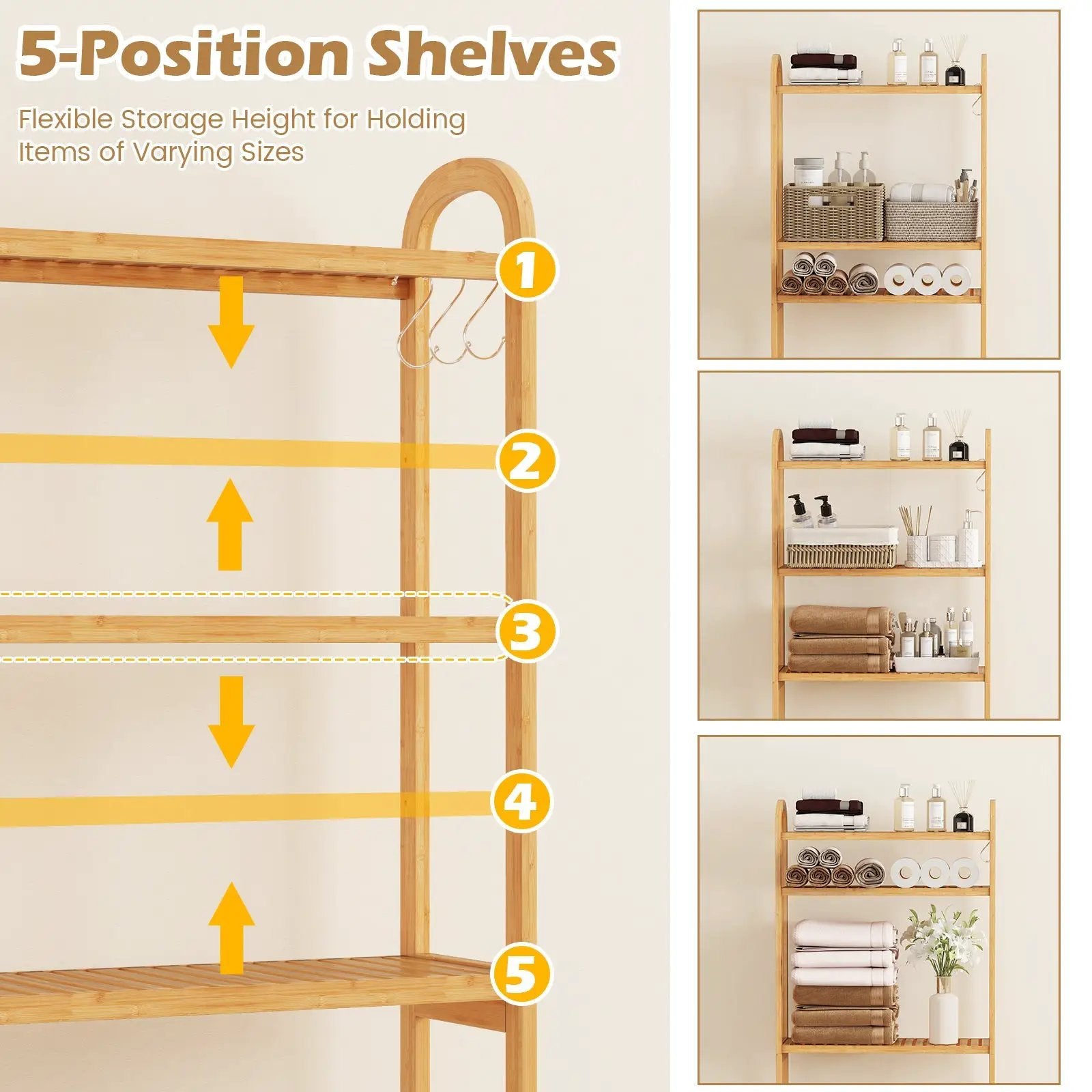 3-Tier Bamboo Bathroom Floor Organizer with 5-Position Shelves and 3 Hooks-Natural by DirectDeals