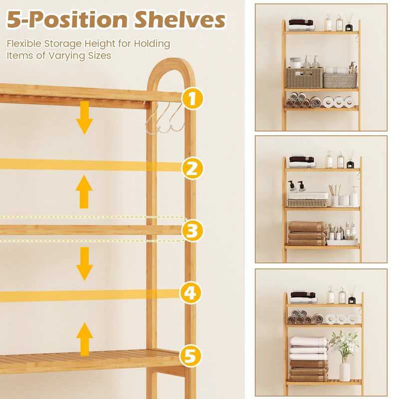 3-Tier Bamboo Bathroom Floor Organizer with 5-Position Shelves and 3 Hooks-Natural by DirectDeals