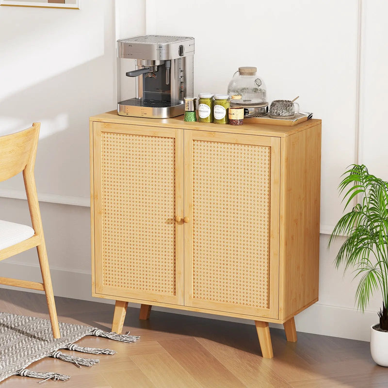 Bamboo Buffet Storage Cabinet with PE Rattan Doors and Freestanding Kitchen Cupboard-Natural by DirectDeals