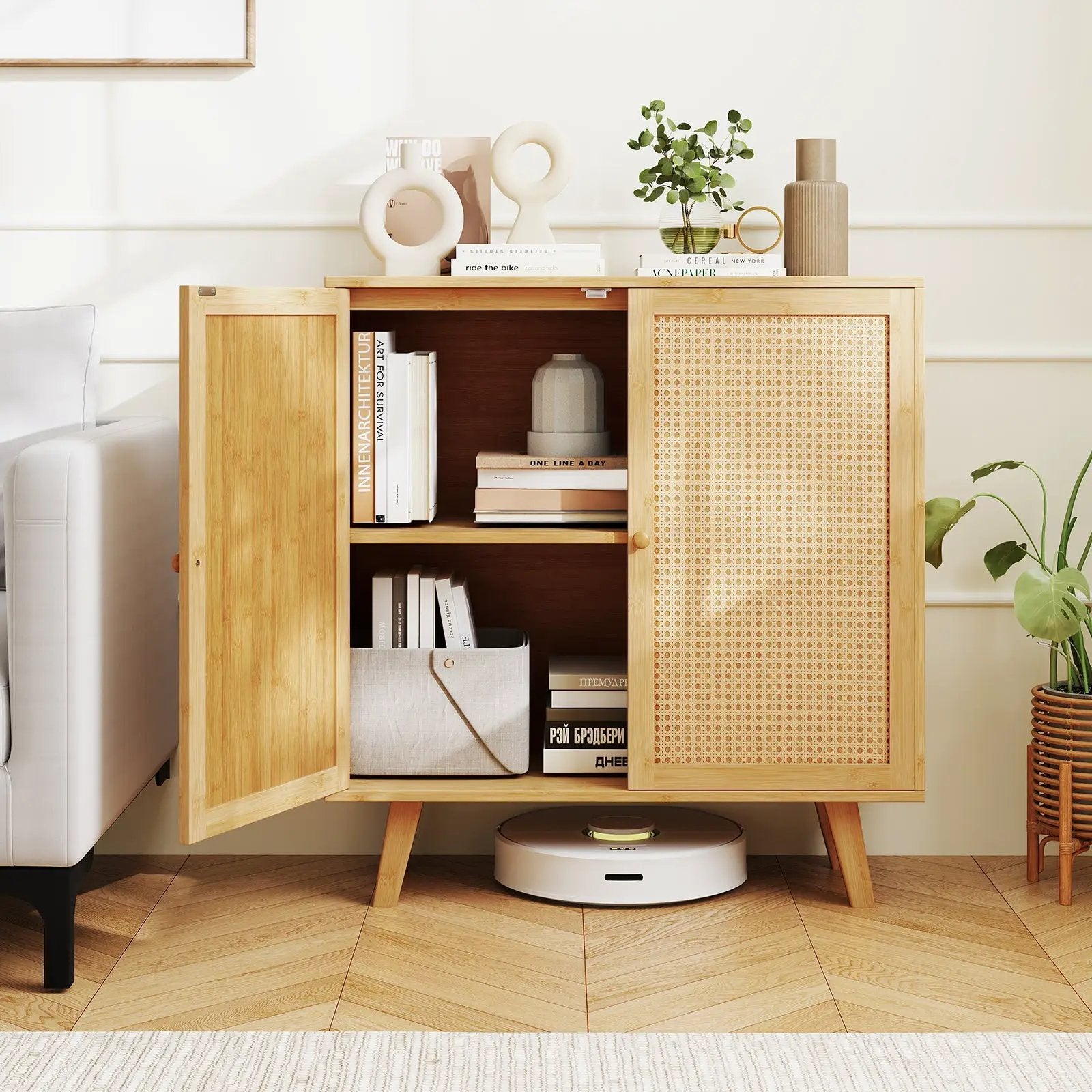 Bamboo Buffet Storage Cabinet with PE Rattan Doors and Freestanding Kitchen Cupboard-Natural by DirectDeals