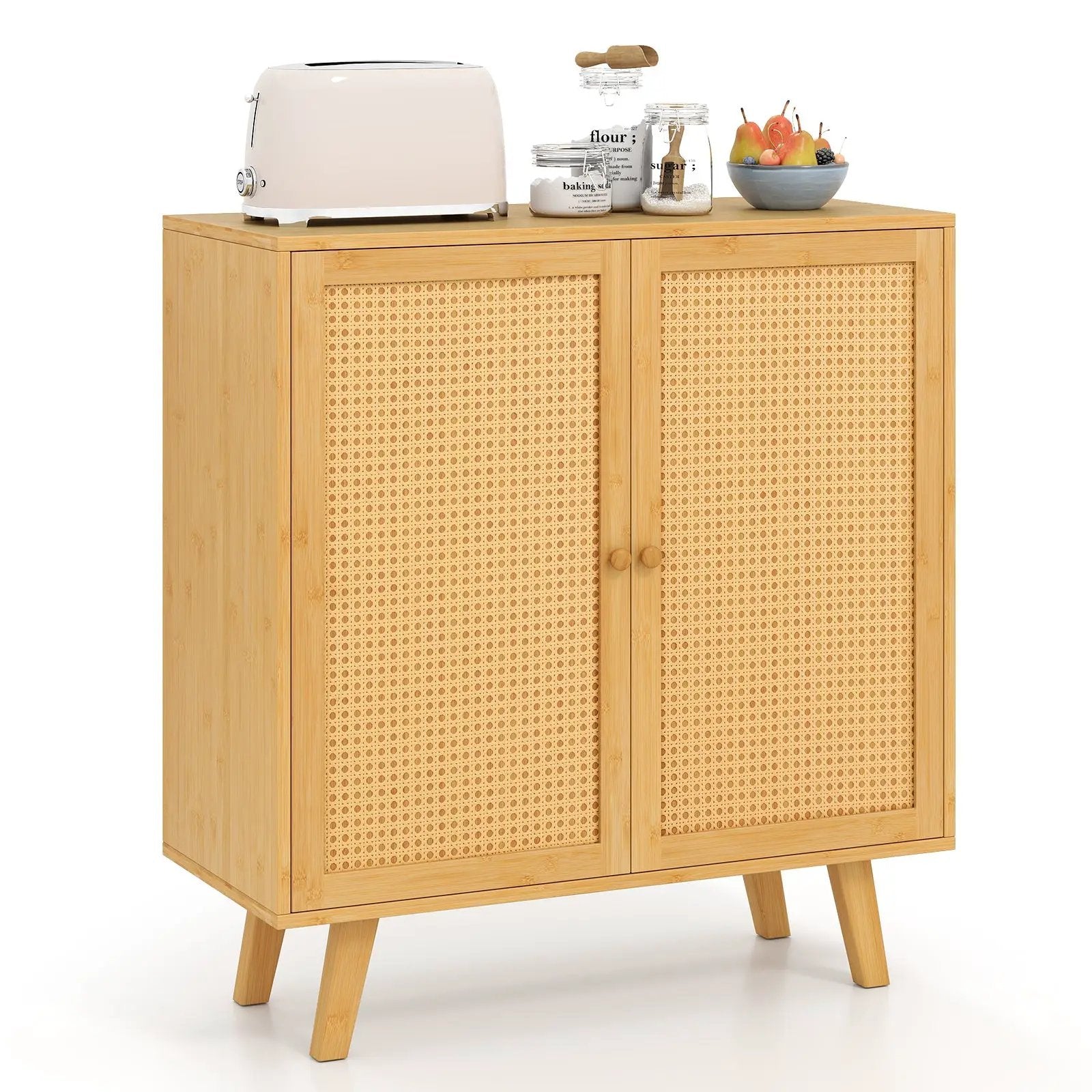 Bamboo Buffet Storage Cabinet with PE Rattan Doors and Freestanding Kitchen Cupboard-Natural by DirectDeals