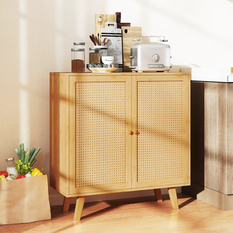 Bamboo Buffet Storage Cabinet with PE Rattan Doors and Freestanding Kitchen Cupboard-Natural by DirectDeals