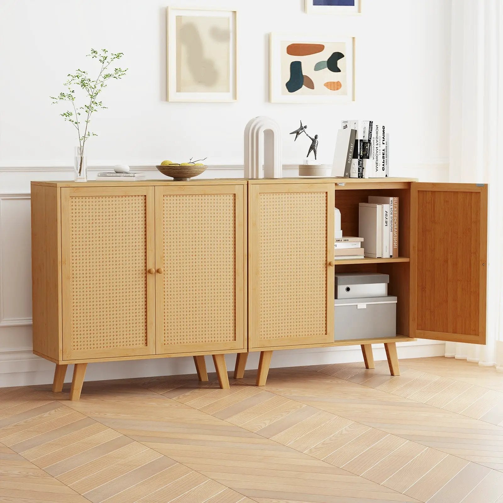 Bamboo Buffet Storage Cabinet with PE Rattan Doors and Freestanding Kitchen Cupboard-Natural by DirectDeals