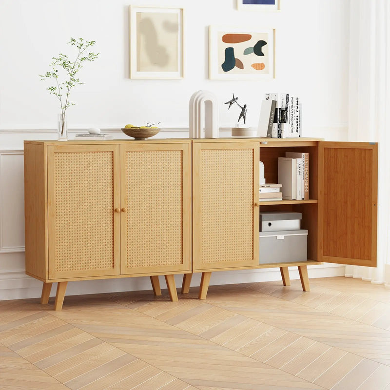 Bamboo Buffet Storage Cabinet with PE Rattan Doors and Freestanding Kitchen Cupboard-Natural by DirectDeals
