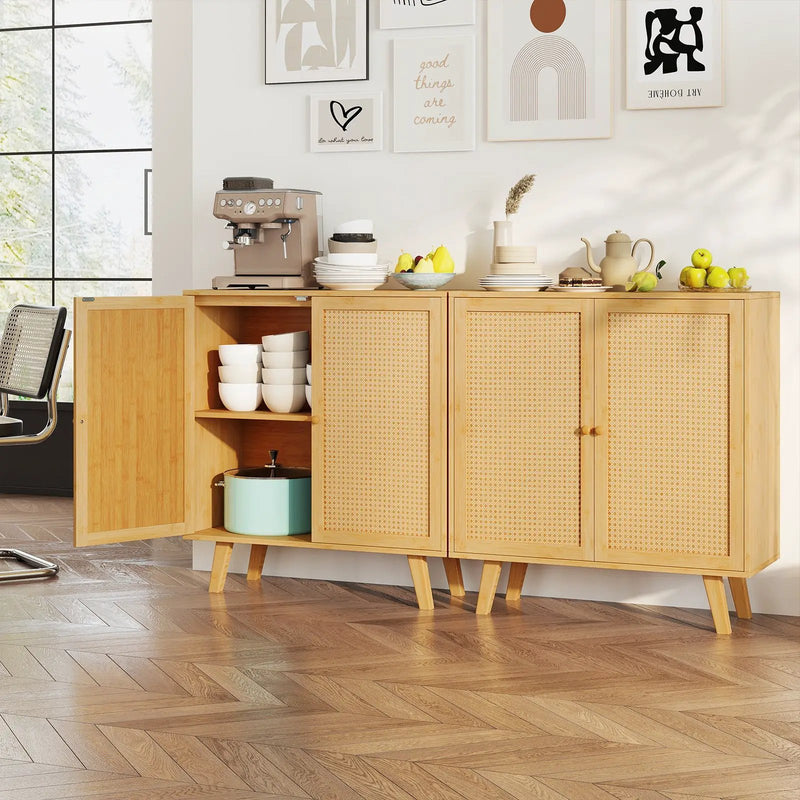 Bamboo Buffet Storage Cabinet with PE Rattan Doors and Freestanding Kitchen Cupboard-Natural by DirectDeals