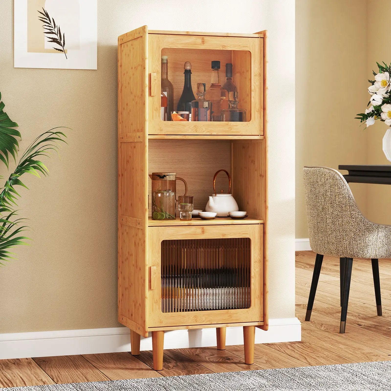 3-Cube Bamboo Storage Cabinet with Open Compartment and 2 Acrylic Doors-Natural by DirectDeals