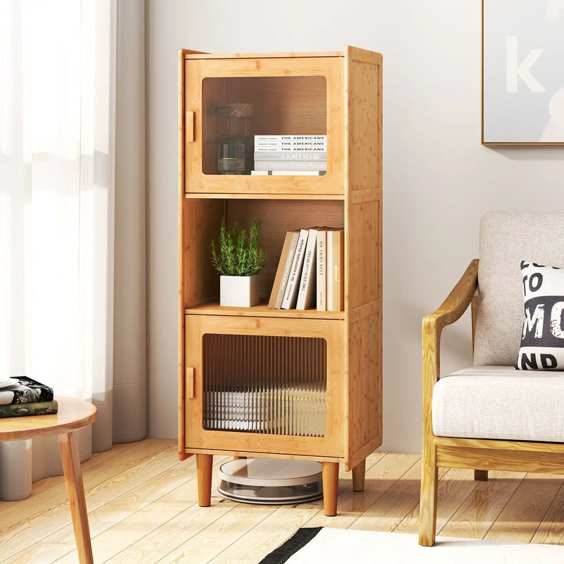 3-Cube Bamboo Storage Cabinet with Open Compartment and 2 Acrylic Doors-Natural by DirectDeals