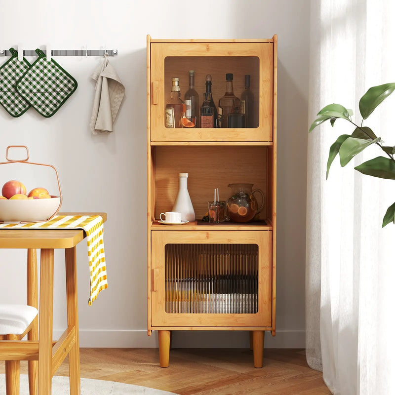 3-Cube Bamboo Storage Cabinet with Open Compartment and 2 Acrylic Doors-Natural by DirectDeals