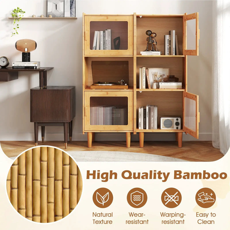 3-Cube Bamboo Storage Cabinet with Open Compartment and 2 Acrylic Doors-Natural by DirectDeals