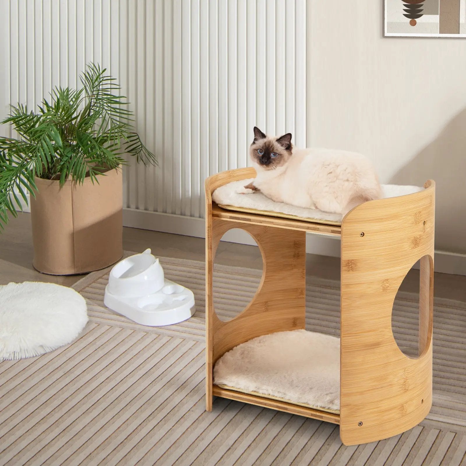2-Tier Bamboo Cat Tree with Plush Mats for Indoor Cats by DirectDeals