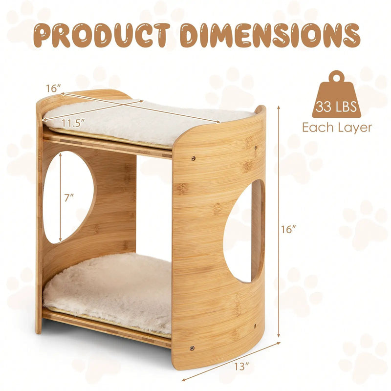 2-Tier Bamboo Cat Tree with Plush Mats for Indoor Cats by DirectDeals