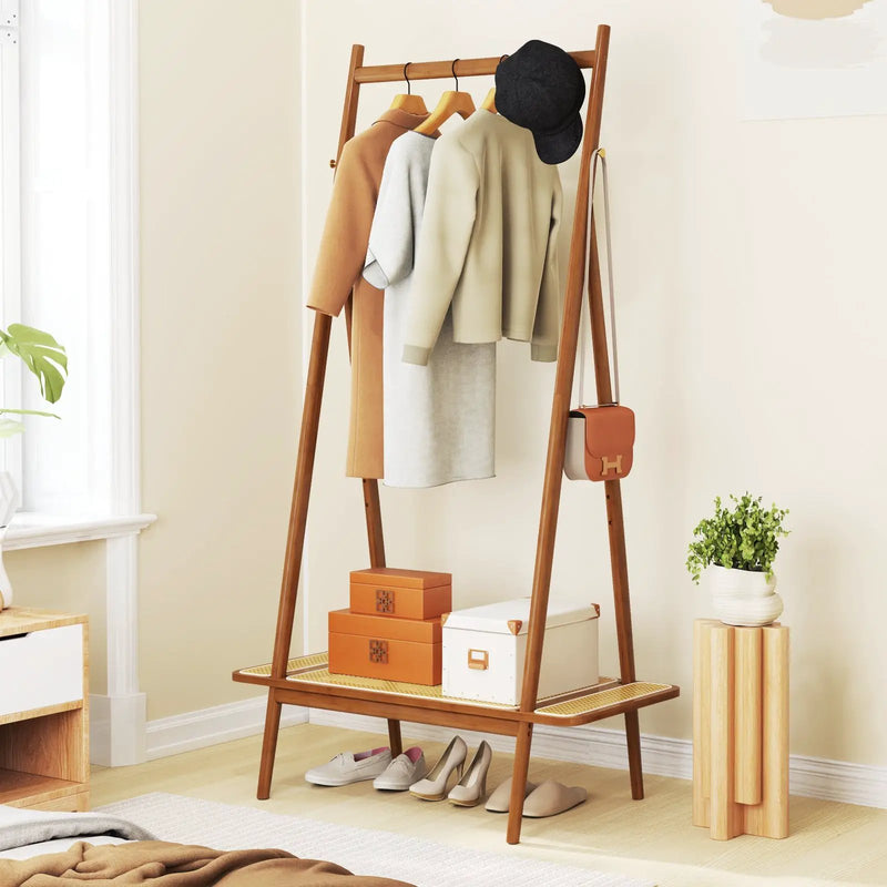 Bamboo Clothes Rack with Hanging Rod Rattan Shelf and Copper Hooks by DirectDeals