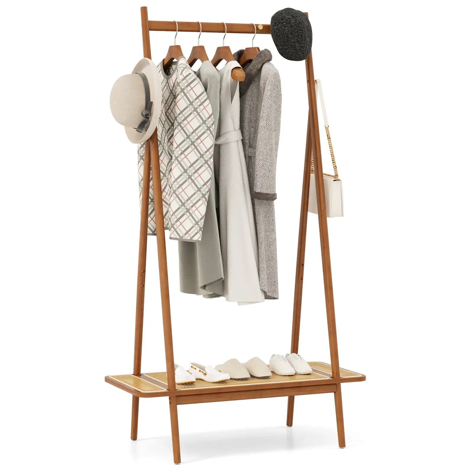 Bamboo Clothes Rack with Hanging Rod Rattan Shelf and Copper Hooks by DirectDeals