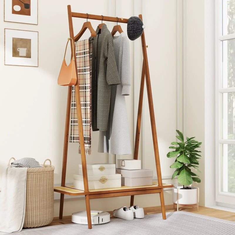 Bamboo Clothes Rack with Hanging Rod Rattan Shelf and Copper Hooks by DirectDeals