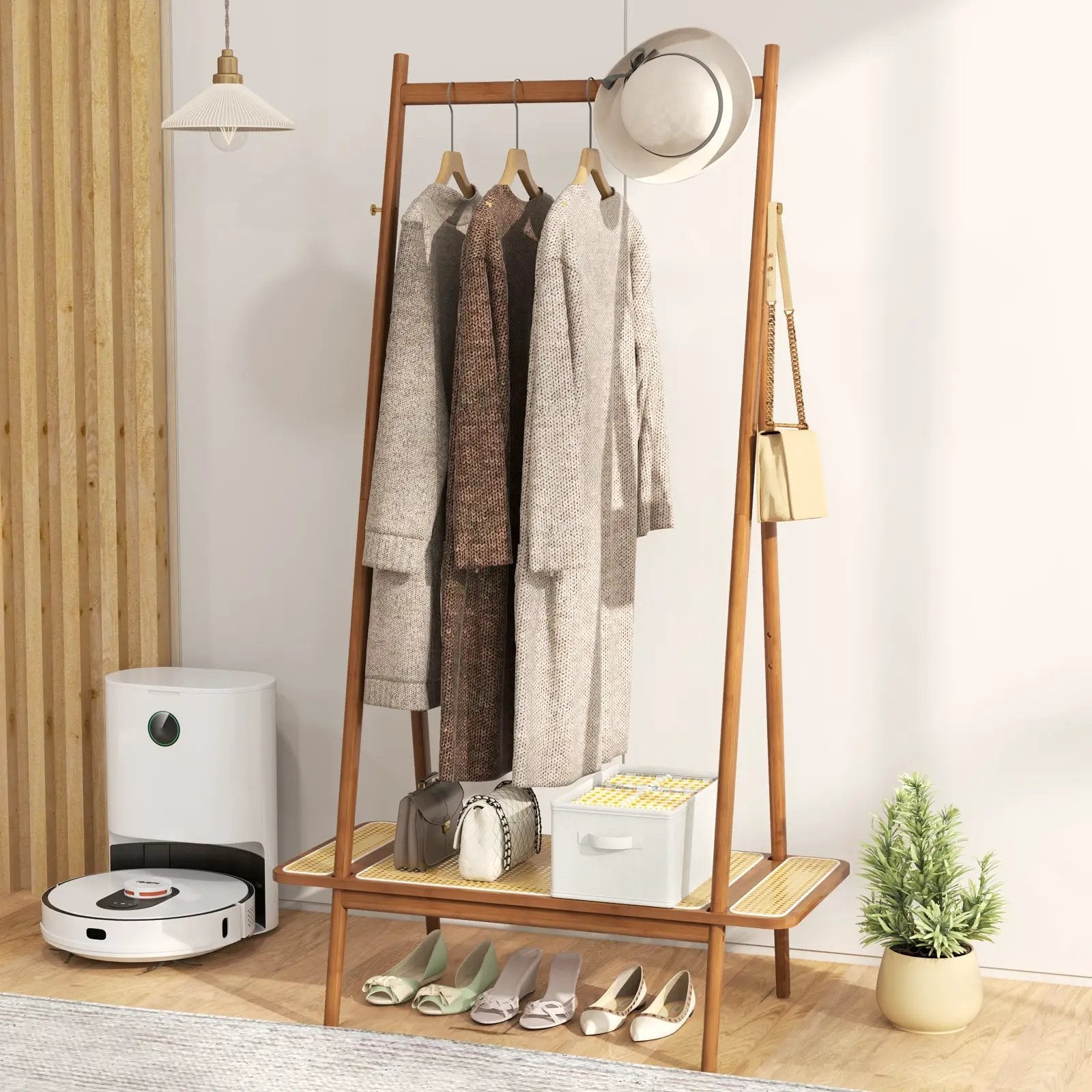 Bamboo Clothes Rack with Hanging Rod Rattan Shelf and Copper Hooks by DirectDeals