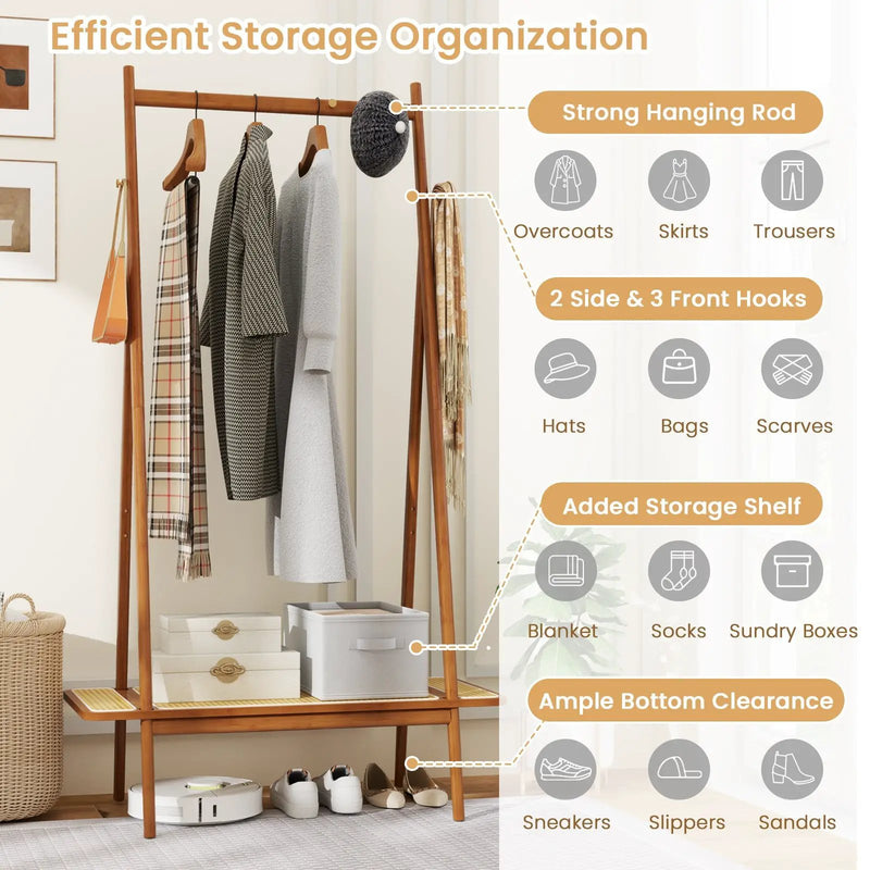 Bamboo Clothes Rack with Hanging Rod Rattan Shelf and Copper Hooks by DirectDeals
