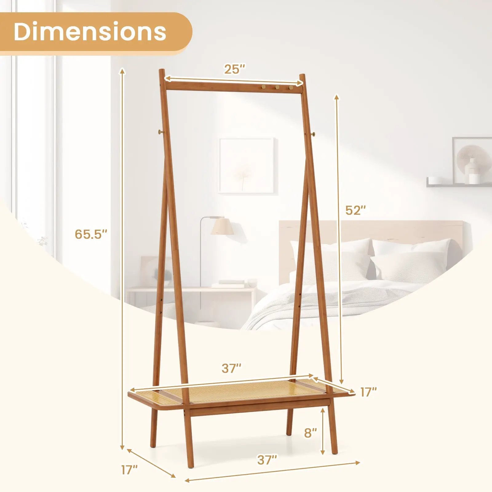 Bamboo Clothes Rack with Hanging Rod Rattan Shelf and Copper Hooks by DirectDeals