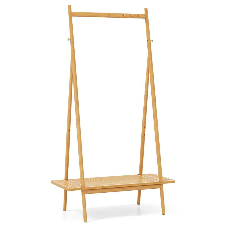 Bamboo Clothes Rack with Hanging Rod Rattan Shelf and Copper Hooks by DirectDeals