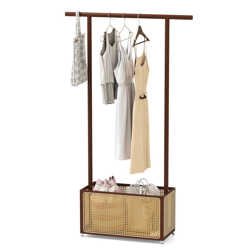 Bamboo Clothes Rack with Rattan Storage Basket and Wheels by DirectDeals