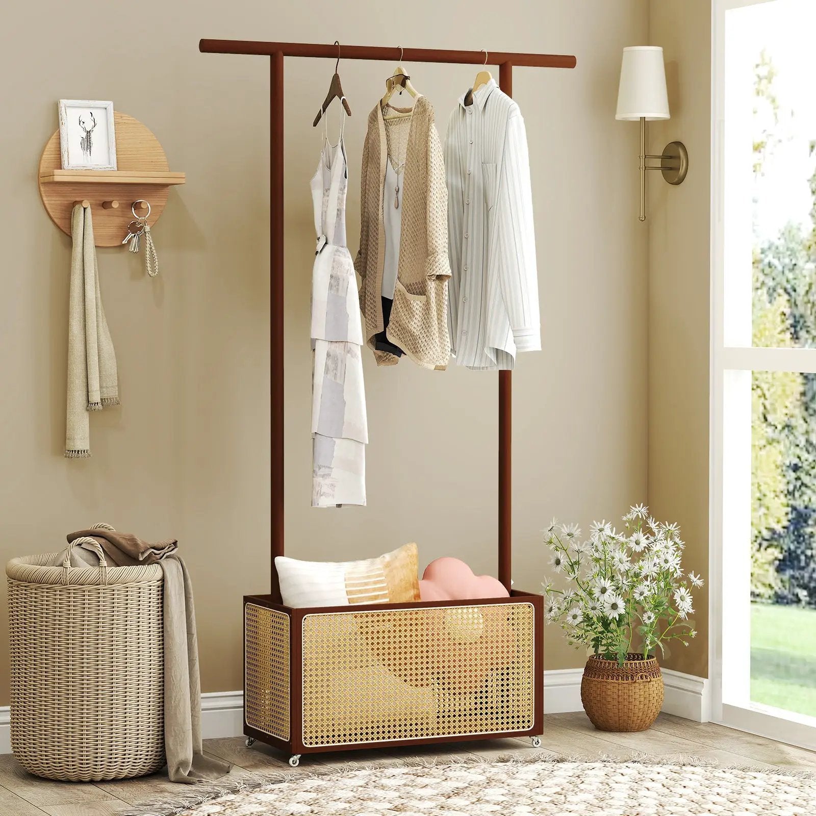 Bamboo Clothes Rack with Rattan Storage Basket and Wheels by DirectDeals