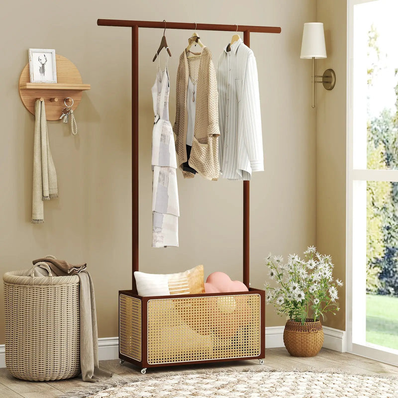 Bamboo Clothes Rack with Rattan Storage Basket and Wheels by DirectDeals