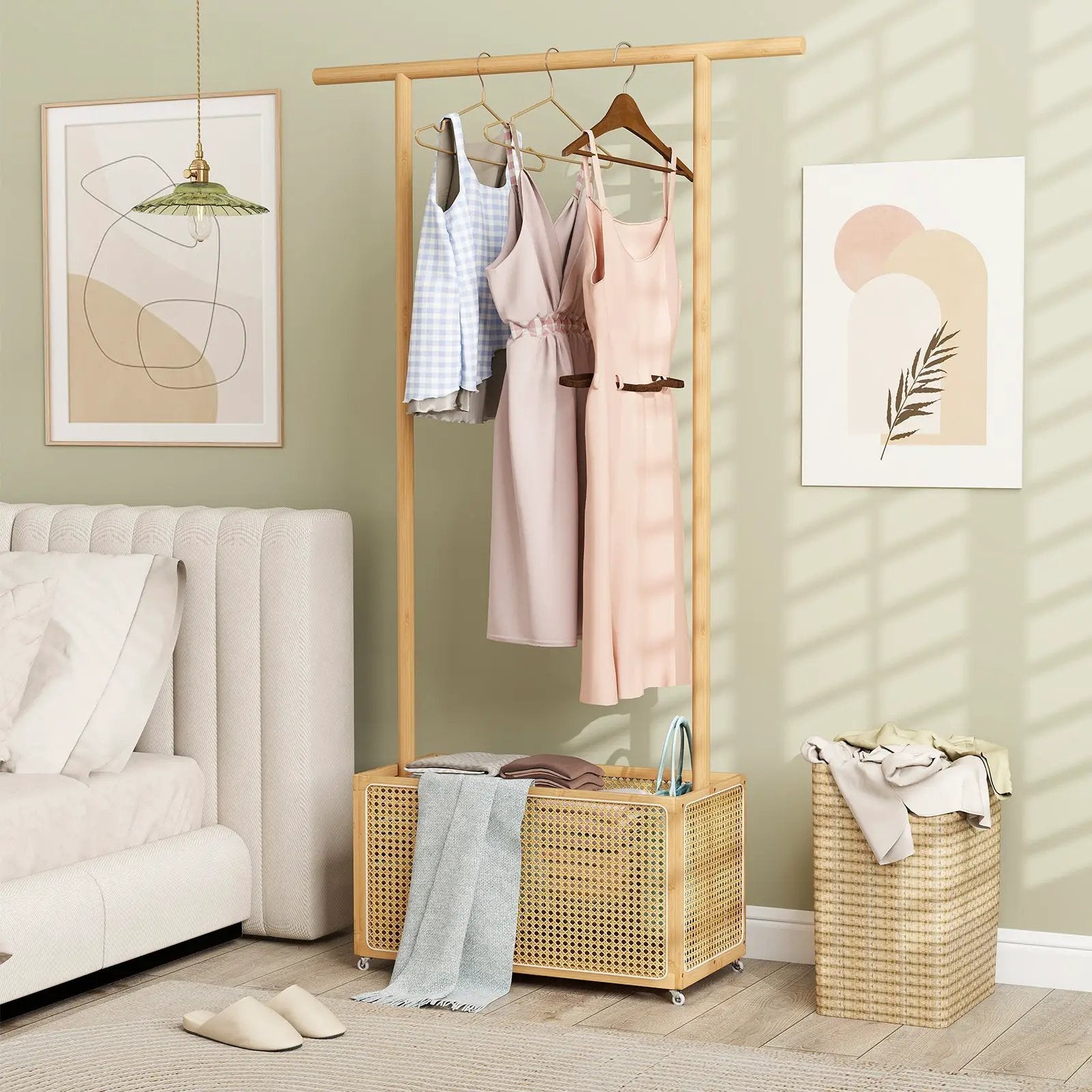 Bamboo Clothes Rack with Rattan Storage Basket and Wheels by DirectDeals