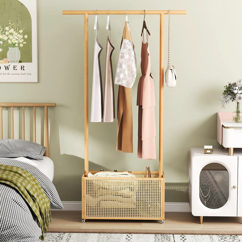 Bamboo Clothes Rack with Rattan Storage Basket and Wheels by DirectDeals