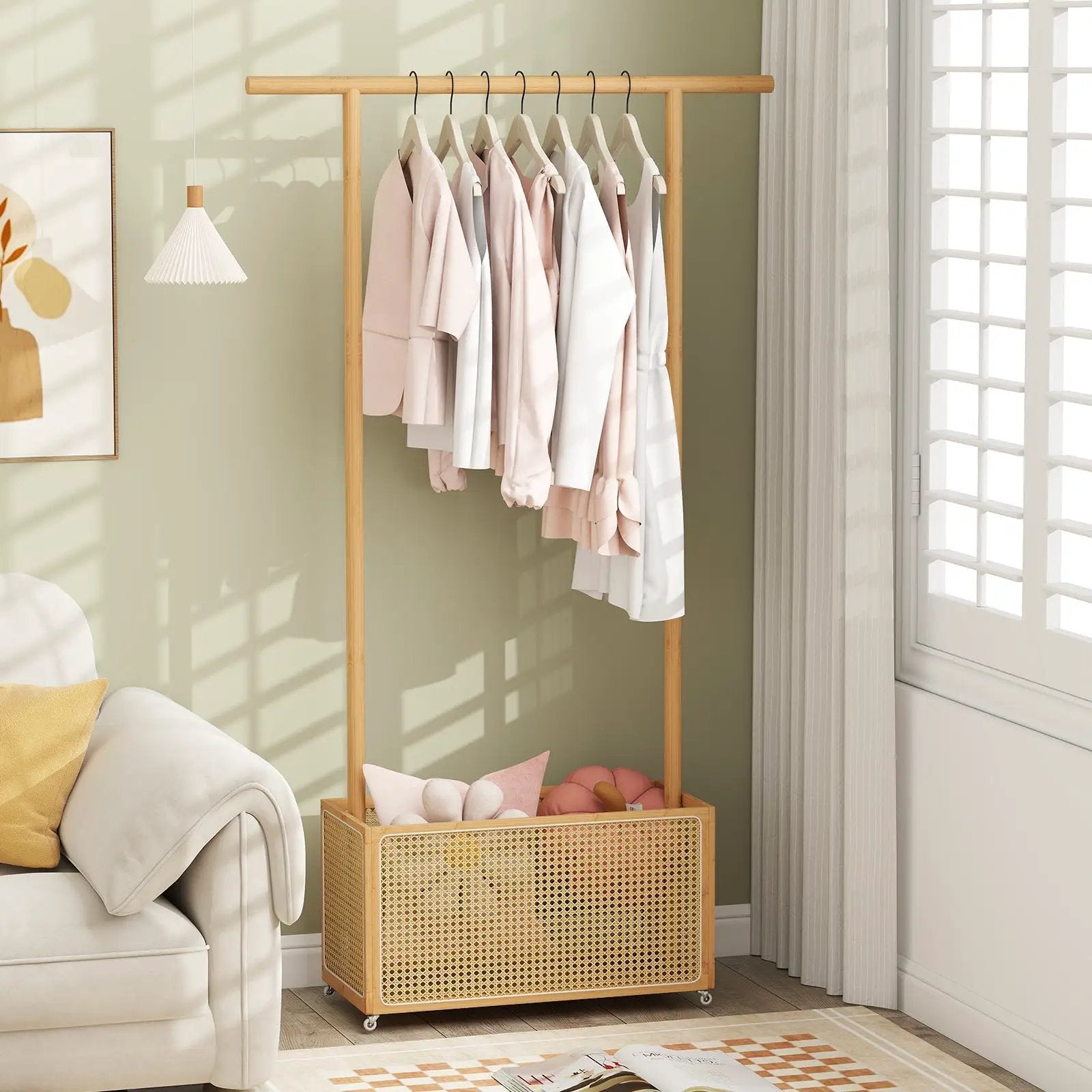 Bamboo Clothes Rack with Rattan Storage Basket and Wheels by DirectDeals