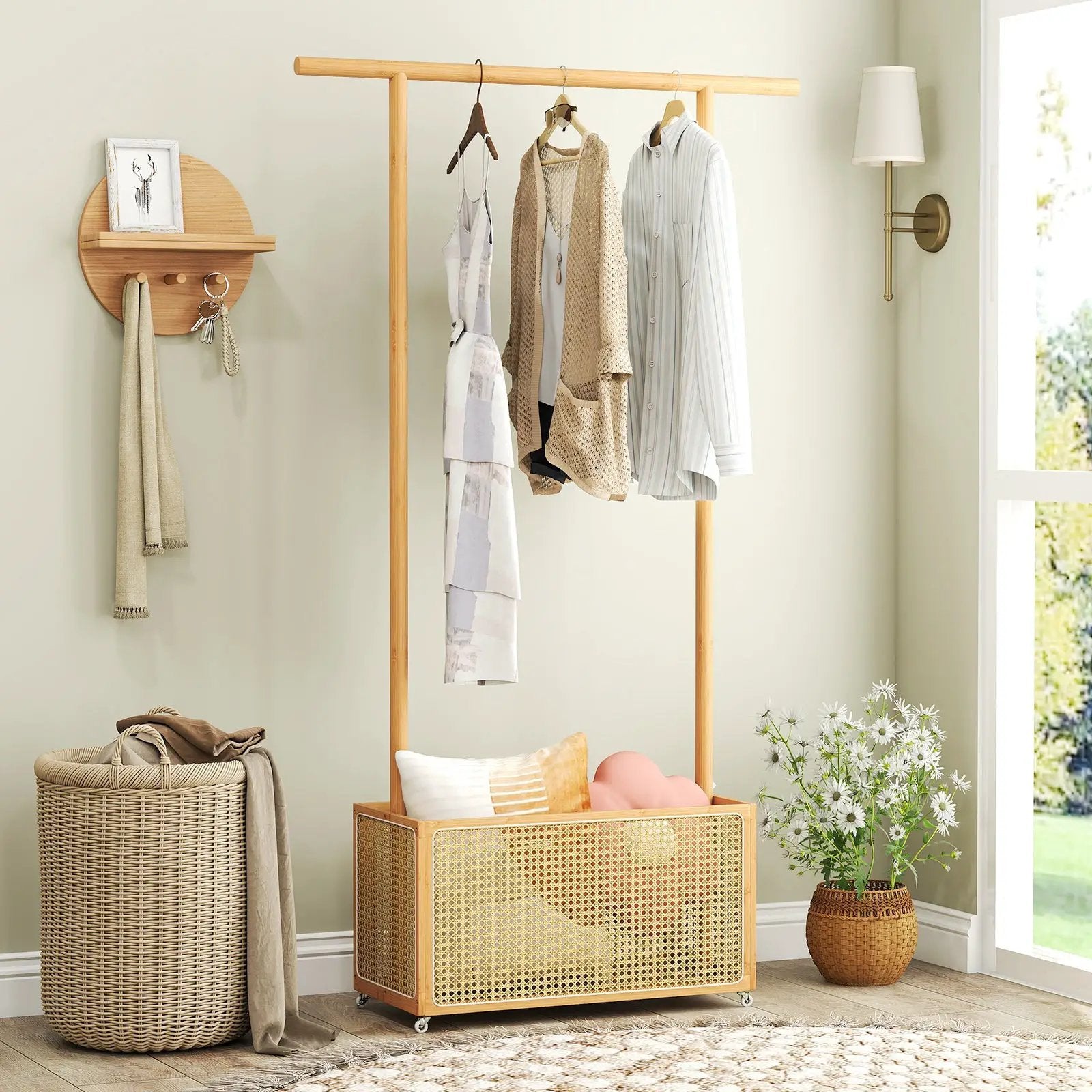 Bamboo Clothes Rack with Rattan Storage Basket and Wheels by DirectDeals