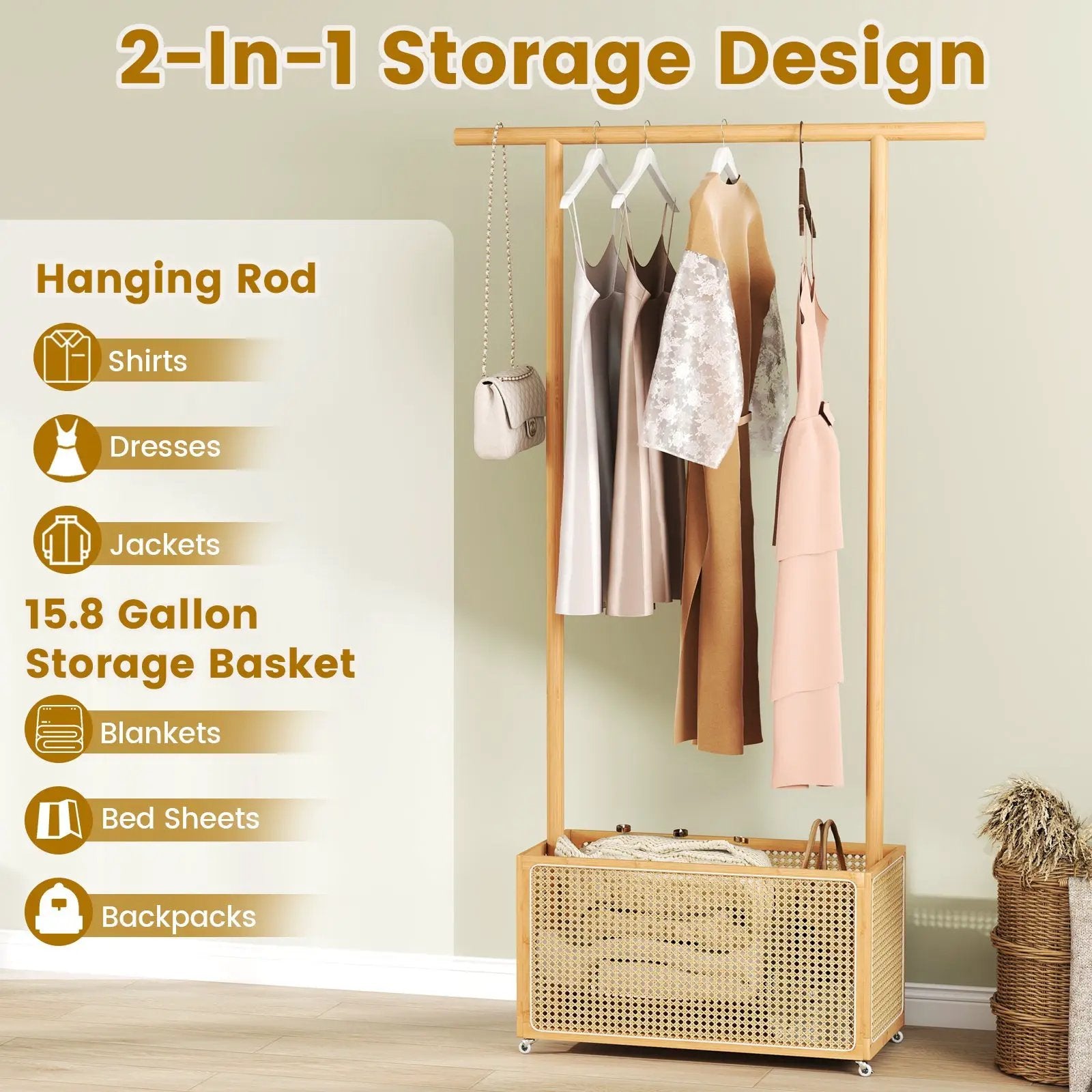 Bamboo Clothes Rack with Rattan Storage Basket and Wheels by DirectDeals