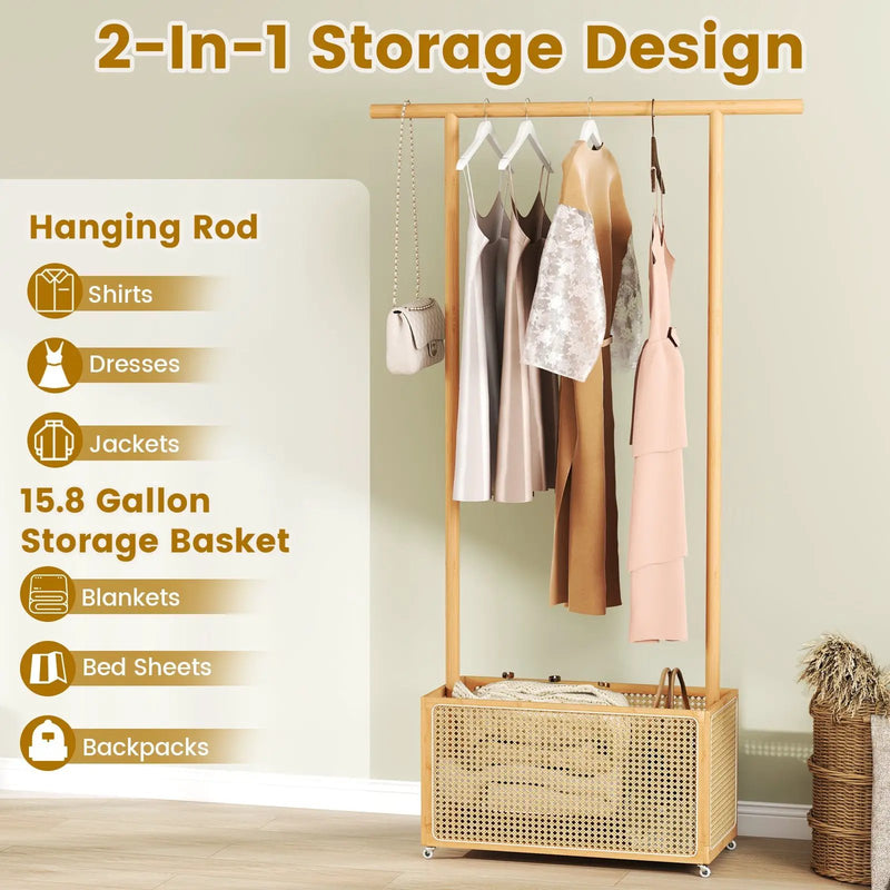 Bamboo Clothes Rack with Rattan Storage Basket and Wheels by DirectDeals