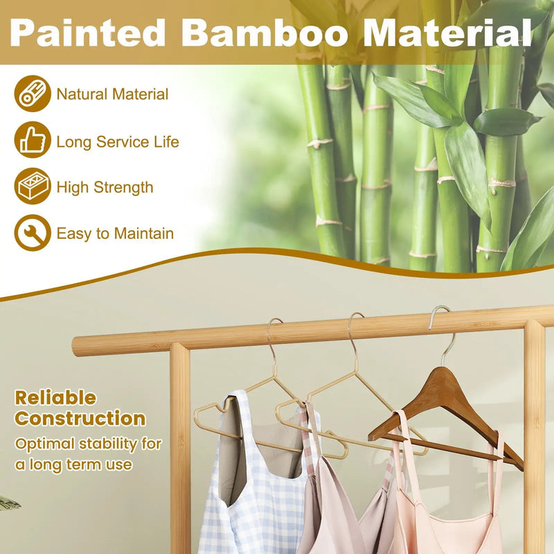 Bamboo Clothes Rack with Rattan Storage Basket and Wheels by DirectDeals