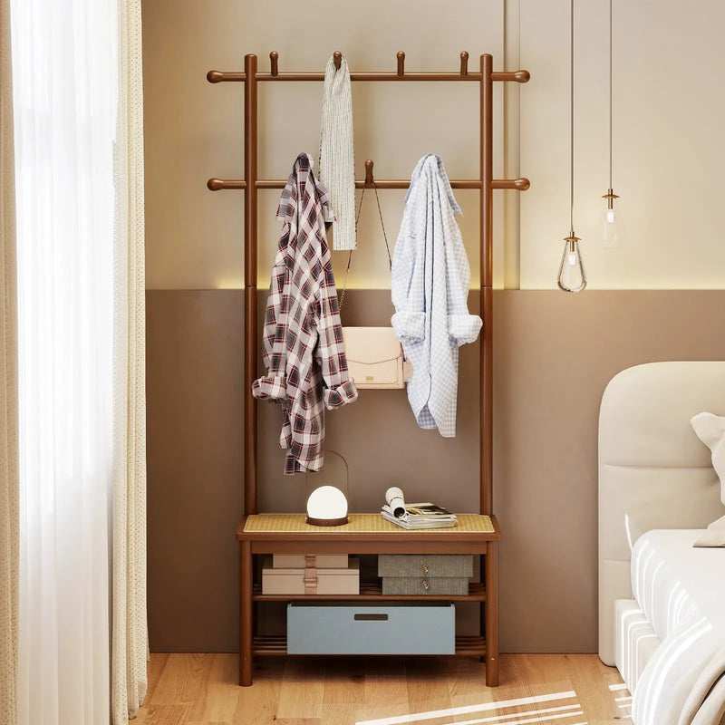 Bamboo Coat Rack PE Rattan Hall Tree with Bench and Shoe Storage 3-In-1 Entryway Bench by DirectDeals