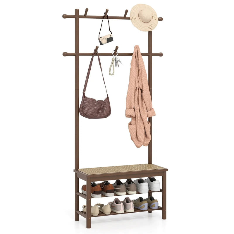 Bamboo Coat Rack PE Rattan Hall Tree with Bench and Shoe Storage 3-In-1 Entryway Bench by DirectDeals