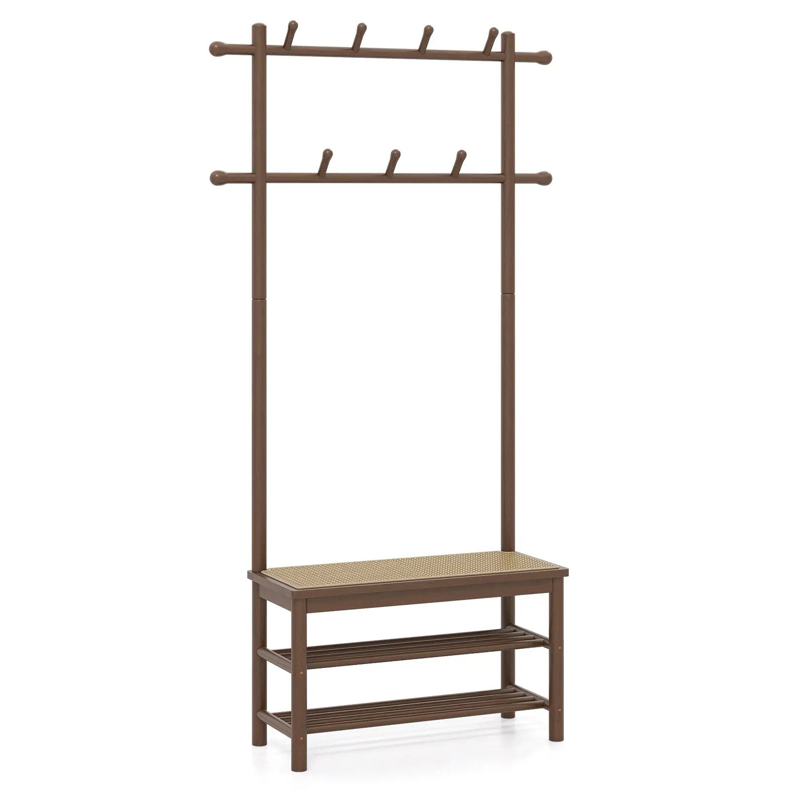 Bamboo Coat Rack PE Rattan Hall Tree with Bench and Shoe Storage 3-In-1 Entryway Bench by DirectDeals